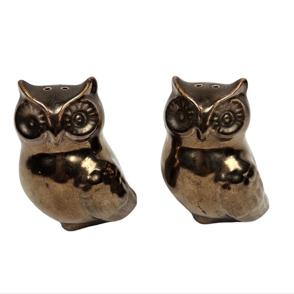 Bronze Porcelain Owl Couple‎ Salt & Pepper Shakers Set of 2 R4